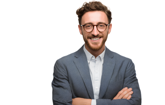  a happy man in his thirties, wearing glasses and business attire with arms crossed - Powered by Adobe