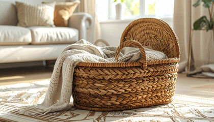 Obraz premium A handwoven wicker storage basket with lid, placed in a cozy living room corner