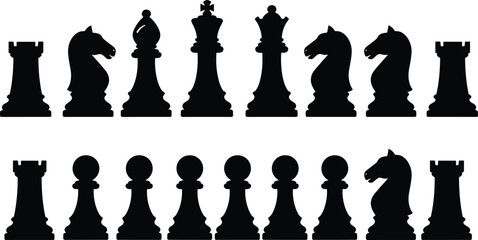 Chess pieces silhouette, black icons, strategy game, full set, king queen rook bishop knight pawn, abstract design, competition, board pieces silhouette, black icons, strategy game, full set © fmfahim creatives