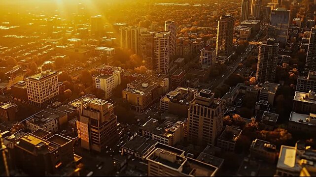 A view of a city at sunset from the top of a tall building