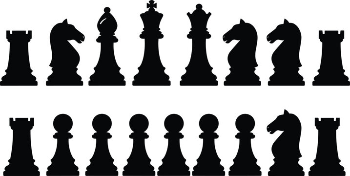 Chess pieces silhouette, black icons, strategy game, full set, king queen rook bishop knight pawn, abstract design, competition, board pieces silhouette, black icons, strategy game, full set