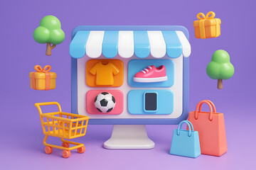 Online shopping and e-commerce concept 3d illustration with a computer screen displaying product categories like clothes shoes and a soccer ball surrounded by a cart gifts and trees