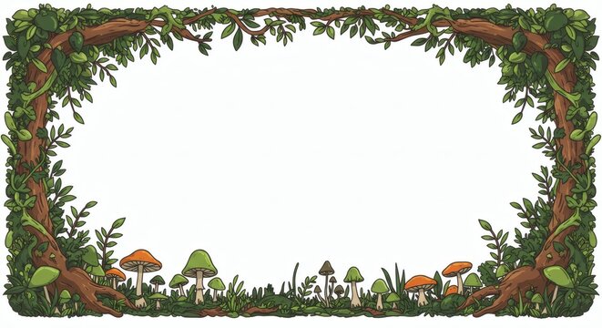 A Frame is formed from curved tree roots and green leafy tendrils at the top, and decorated with various mushrooms and grass at the bottom, leaving an empty space in the middle for text or images.