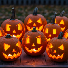 Fototapeta premium Halloween pumpkins carved with faces, candle light, realistic photography