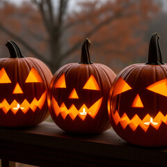 Fototapeta premium Halloween pumpkins carved with faces, candle light, realistic photography
