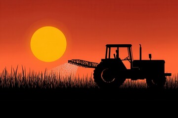 Fototapeta premium Sunset farm silhouette with tractor spraying fields