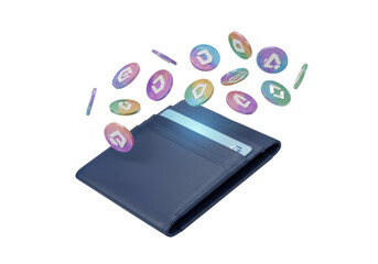 Isolated digital wallet with vibrant floating cryptocurrency coins representing modern financial technology and blockchain investment concepts