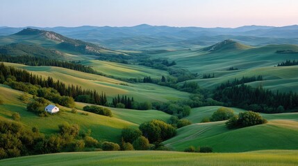 Fototapeta premium Rolling Green Hills under Golden Sunset Sky Tranquil Countryside Landscape Serene Valley Lush Greenery Scenic View in Soft Natural Lighting