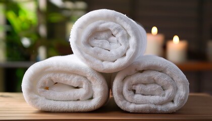 Fototapeta premium two neatly rolled white terry cloth towels stacked on top of each other