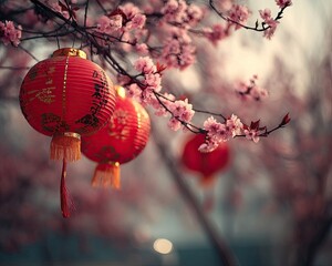Pink Cherry Blossoms And Red Lanterns