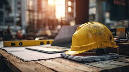 Construction Site Safety Helmet On Wooden Table With Laptop And Plans