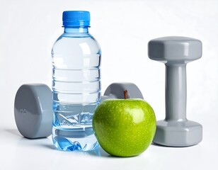 Fitness, healthy lifestyle, water, fruit, weights