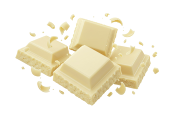 Isolated white chocolate pieces and curls falling delicious sweet dessert ingredient confectionery snack bar broken chunks flying milk chocolate flavor