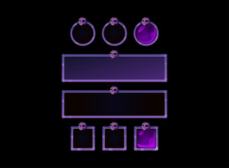 Halloween gothic button pack, dark purple skull frame UI elements. Fantasy RPG and horror game interface design. Magic potion slot, square circle button with skull.