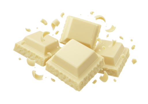 Isolated white chocolate pieces and curls falling delicious sweet dessert ingredient confectionery snack bar broken chunks flying milk chocolate flavor