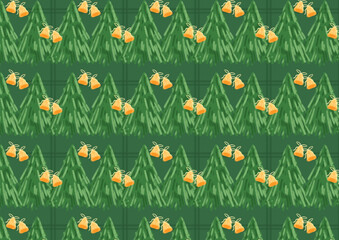 Green Christmas Tree and Golden Bell Pattern, Holiday Wrapping Paper, Seamless Holiday Background, Winter Holiday Background, Green Christmas Tree Ornament Design