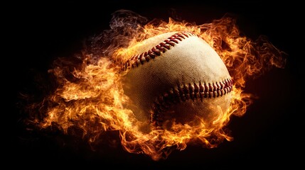 baseball. Baseball with dramatic fiery effect isolated on pure black background with intense flames. event key visuals, club posters, designed for sports event promotions and stadium branding.
