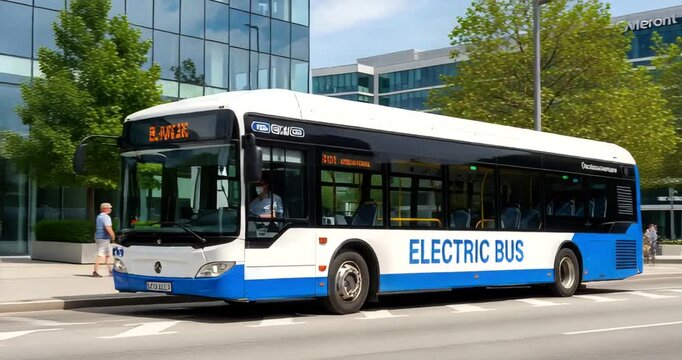 Electric bus charging station and driving on the street during the day