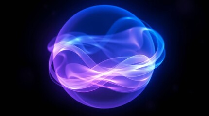 Vibrant abstract spherical energy wave with glowing blue and purple light on dark background