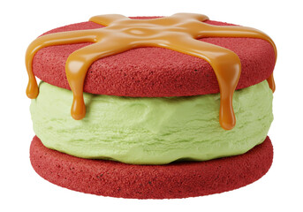 Isolated delicious red velvet ice cream sandwich with vibrant green filling and sweet caramel drizzle a delightful frozen dessert treat for summer
