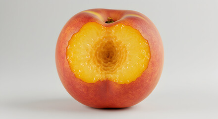 Close-up of a partially eaten peach with a bite taken out, showing the fruit's interior details