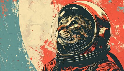 Vintage illustration of cat in old-fashioned astronaut helmet, retro sci-fi poster style with textured background and space for typography
