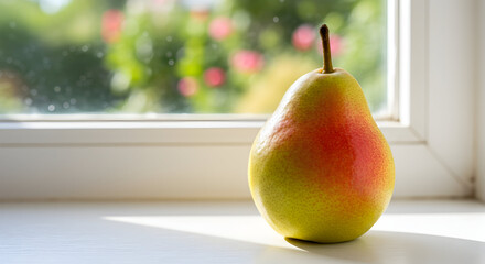 A ripe pear basking in sunlight on a windowsill, with a blurred garden background