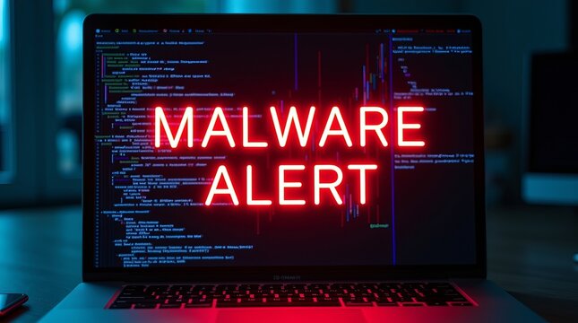 A dark scene features a laptop displaying a glowing 'Malware Alert' notification, highlighting cybersecurity concerns.