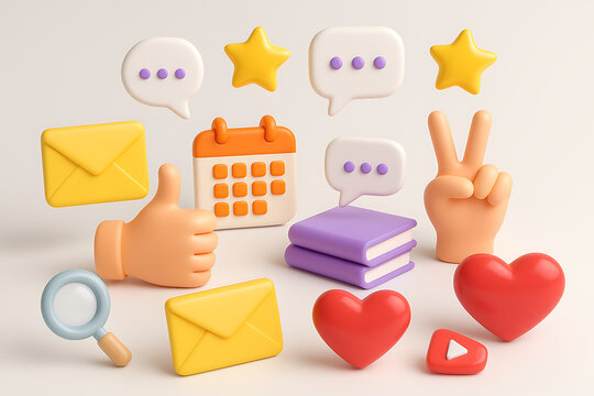 A set of social media and communication icons including hearts stars envelopes calendar chat bubbles books thumbs up and peace sign hands in 3d illustration
