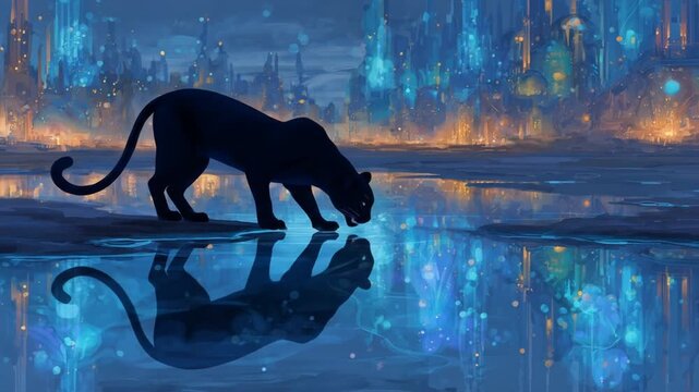 Panther silhouette drinks water cityscape