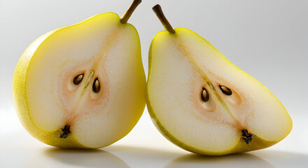 Vibrant yellow-green pear halves, freshly sliced to reveal their juicy, crisp flesh, intricate core, and dark seeds, embodying natural sweetness and healthy eating