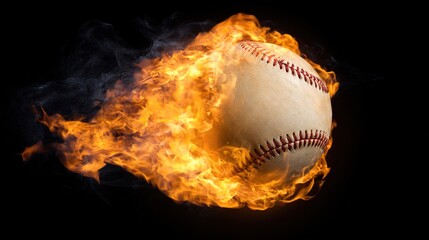 baseball. Baseball with dramatic fiery effect isolated on pure black background with intense flames. event key visuals, club posters, designed for sports event promotions and stadium branding.
