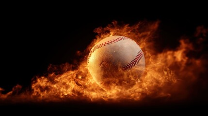 baseball. Baseball with dramatic fiery effect isolated on pure black background with intense flames. event key visuals, club posters, designed for sports event promotions and stadium branding.
