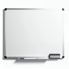 Blank whiteboard with marker and eraser for presentations and brainstorming with white background