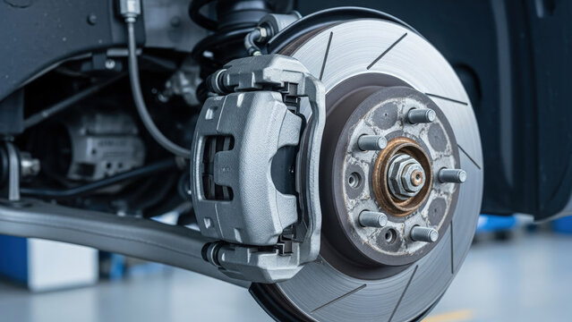 Car brake system with disc and caliper close-up.