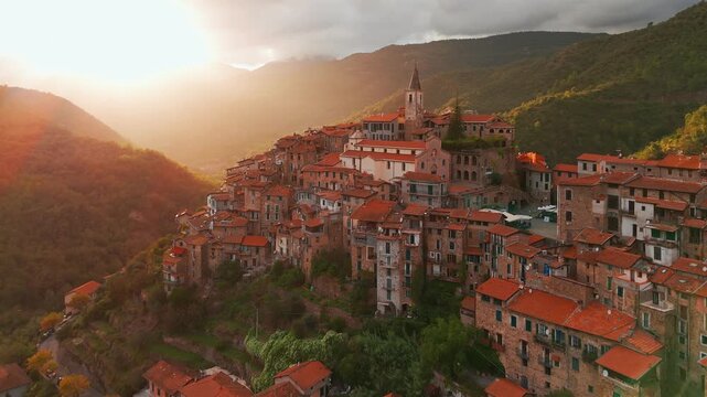 Aerial view of the picturesque hilltop town of Apricale, Liguria, Northern Italy