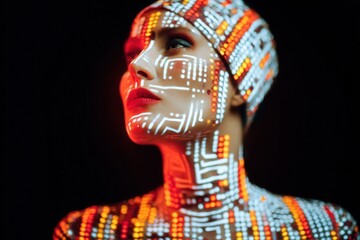 Digital art futuristic fashion portrait with glowing circuit pattern