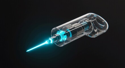 Futuristic injection syringe with glowing blue liquid creates a captivating modern medical concept, perfect for innovative healthcare marketing and pharmaceutical design