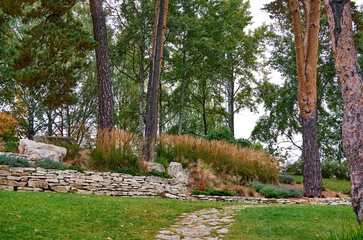 A public place.
Summer city park, urban park landscaping, plants, trees