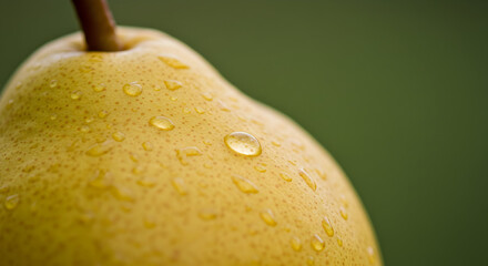 Close-up macro shot of a fresh yellow pear with water droplets on its textured skin against a soft green background