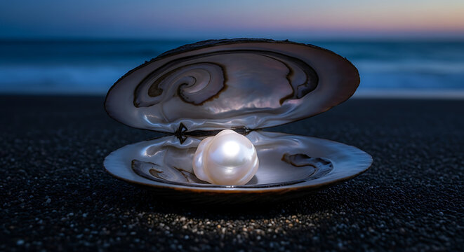 An open oyster shell reveals a single luminous pearl, a precious natural jewel resting on a black sand beach at dusk