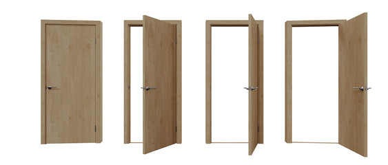 Natural Wooden Interior Door Set with Different Opening Angles – 3D Render and Mockup Template