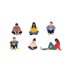 Diverse group of young people sitting casually on floor engaged in activities vector