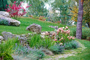 A public place.
Summer city park, urban park landscaping, plants, trees