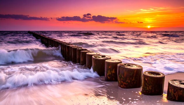 Dramatic sunset over the sea with wooden breakwater