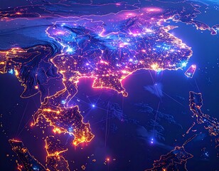 Fototapeta premium Aerial view of Asia illuminated at night, showing city lights and geographical features in a stylized, glowing rendition.
