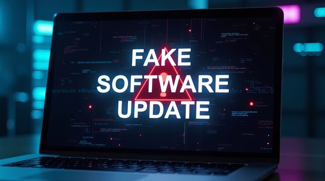 A warning displayed on a laptop screen indicating a fake software update, illuminated by blue and red lights.