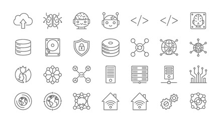 Comprehensive modern digital technology line icon set representing cloud computing, artificial intelligence, data security, IoT, and global network infrastructure