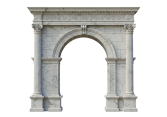 Isolated classical marble archway ornate columns decorative frieze architectural element ancient Roman Greek style elegant structure