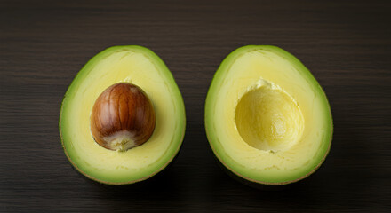 A vibrant and wholesome avocado, meticulously sliced into two halves, one displaying its intact pit, highlighting its natural freshness and healthy appeal